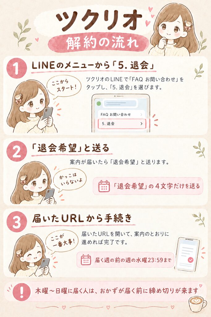 ツクリオの解約の流れの図解（LINEのメニューから「5. 退会」・「退会希望」と送る・届いたURLから手続き・届く週の前の週の水曜23:59まで）