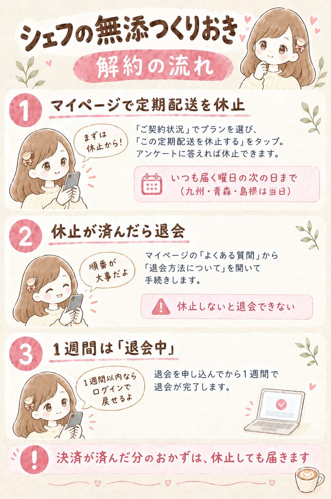 シェフの無添つくりおきの解約の流れ｜マイページで定期配送を休止→休止が済んだら退会→1週間以内なら取り消せる
